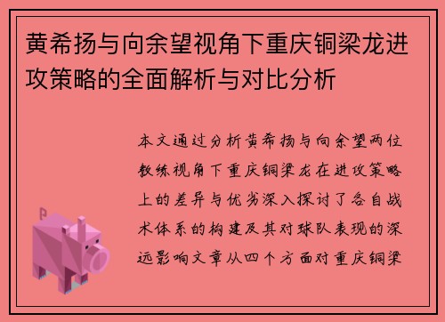 黄希扬与向余望视角下重庆铜梁龙进攻策略的全面解析与对比分析